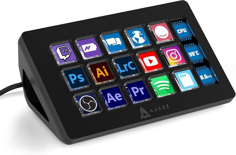A.JAZZ AKP153 Streaming Studio Controller Keypad Type-c Wired with 15 Macro LCD Key&1 Side Screen Display Detachable Stand for Multi Action Triggered in Win MAC Twitter TikTok YouTube OBS App(Black)