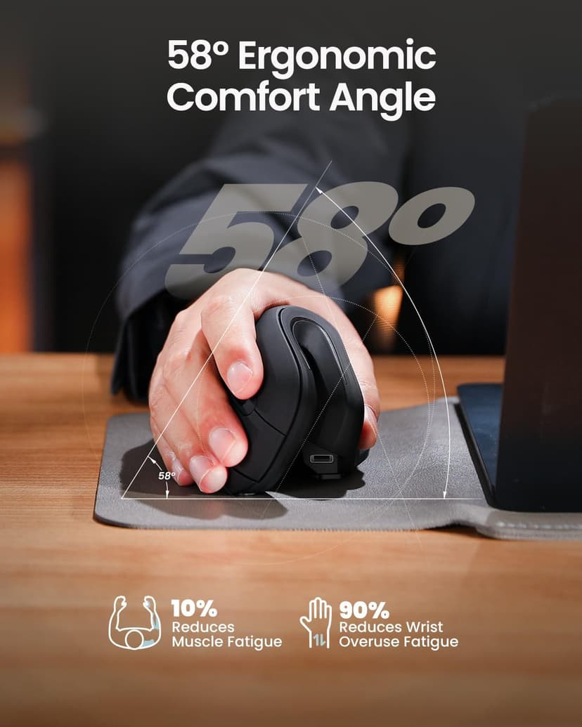 ProtoArc Ergonomic Mouse, EM11 NL Bluetooth Rechargeable Wireless Vertical Mouse, 3 Multi-Device Connectivity for Computer/PC/Laptop, 2.4GHz Optical Mice for Windows, Mac OS, Black