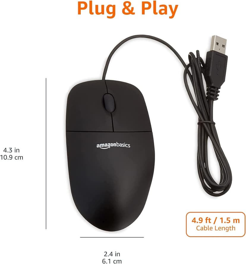 Amazon Basics 3-Button USB Wired Mouse with Scrolling and Tracking - Standard, Black