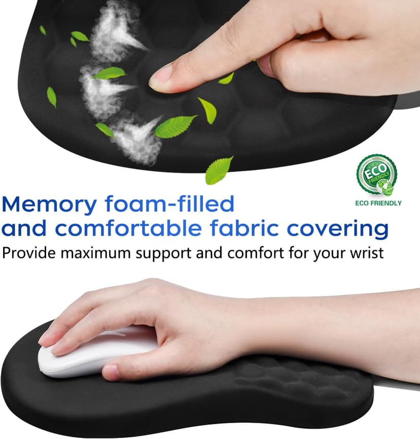 JIKIOU Ergonomic Mouse Pad Wrist Support with Massage Design, Memory Foam Wrist Rest Pain Relief Mousepad with Non-Slip PU Base, Mouse Pads for Wireless Mouse Black 12x8 inch