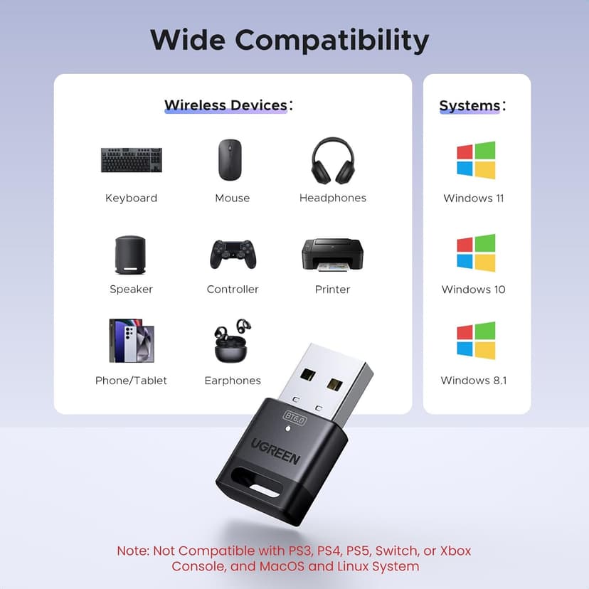UGREEN USB Bluetooth Adapter for PC, Bluetooth 6.0 Dongle Receiver EDR & BLE, Plug & Play for Windows 11/10/8.1, for Headphone/Keyboard/Mouse/Speakers/Printer