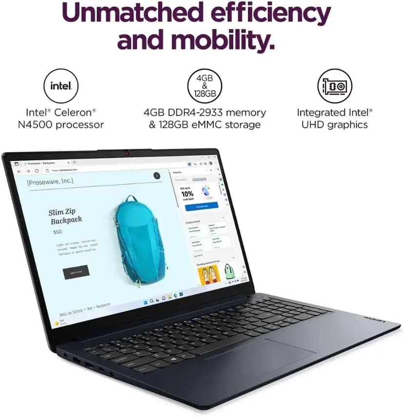 Lenovo Ideapad 1 15.6" HD Laptop, Intel Celeron N4500, 4GB DDR4, 128GB eMMC, W11HS, One-Year Microsoft Office 365, Abyss Blue, 82LX00D3US