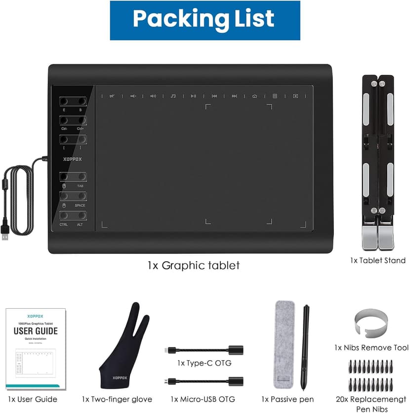 XOPPOX Graphics Drawing Tablet 10 x 6 Inch Large Active Area with 8192 Levels Battery-Free Pen and 12 Hot Keys, Compatible with PC/Mac/Android OS for Painting, Design & Online Teaching Black