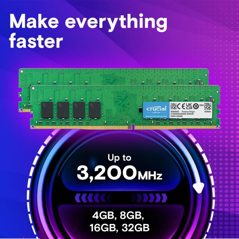 Crucial 16GB DDR4 RAM, 3200MHz (PC4-25600) CL22 Desktop Memory, UDIMM 288-Pin, Downclockable to 2933/2666MHz, Compatible with Intel and AMD Ryzen - CT16G4DFRA32A