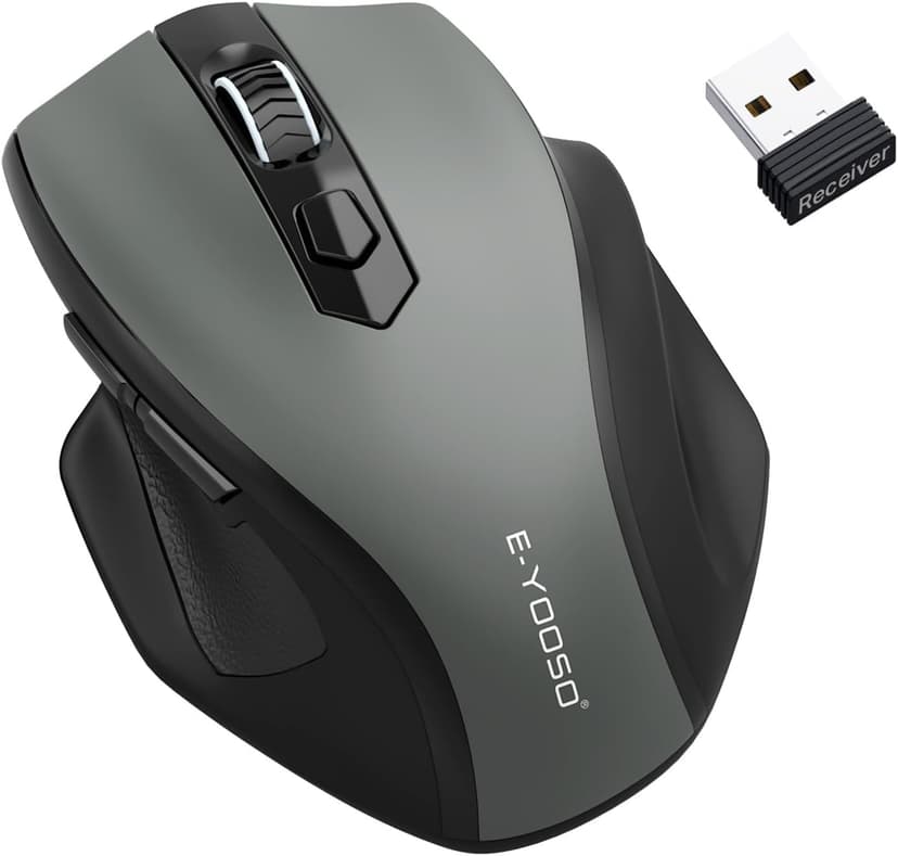 E-YOOSO Wireless Mouse, 2.4G USB Computer Mouse with 5 Levels 4000 DPI, 18 Months Battery Life, Ergonomic Grips, 6 Buttons Large Optical Mouse for Laptop, Mac, PC, Chromebook, Notebook (Gray)