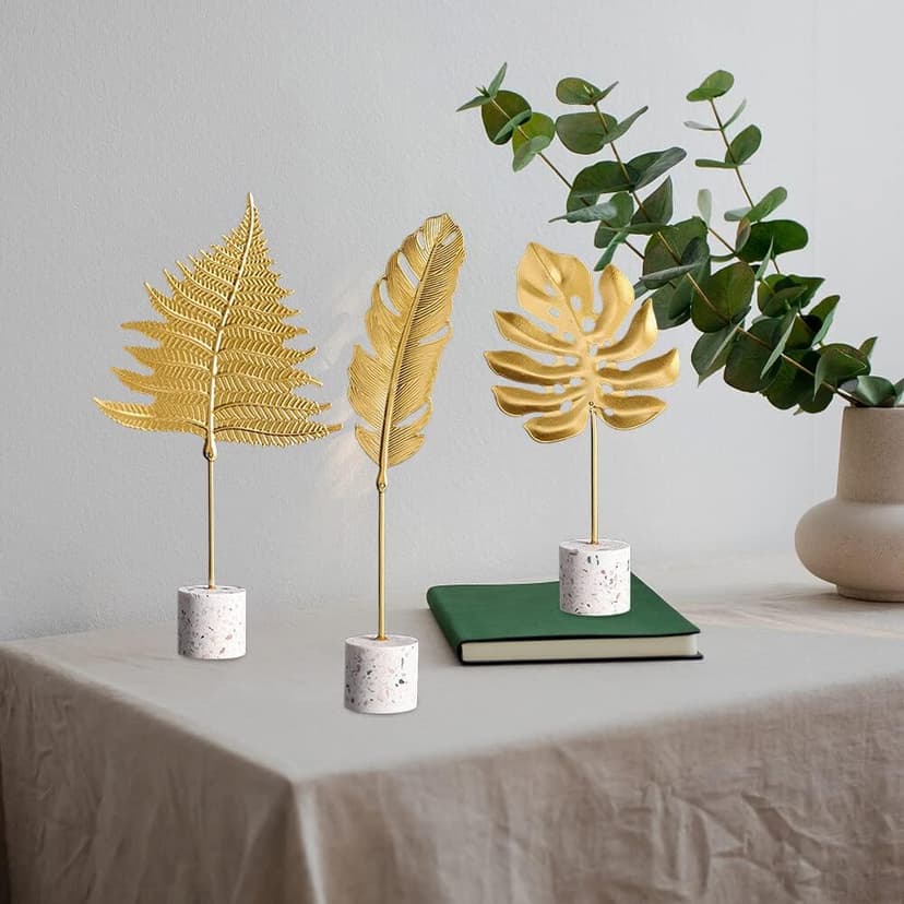 Gold Leaf Statues, Modern Metal Iron Art Crafts Sculpture Golden Leaves Sculpture with Base, Desktop Ornaments Home Office Figurine for Table Decor