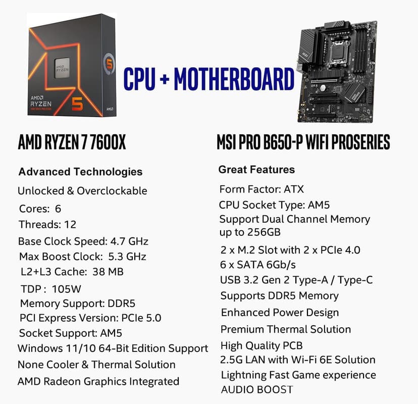 INLAND MSI PRO B650-P WiFi Motherboard with AMD Ryzen 5 7600X 6-Core Desktop Processor (AMD AM5, ATX, DDR5, PCIe 4.0)