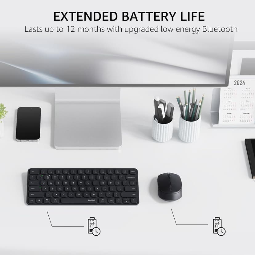 Rapoo 9010M Multi-Device Keyboard and Mouse Combo, 2.4GHz/Bluetooth 5.0/4.0 Wireless Keyboard & Mouse Set for Windows/Mac/Linux/Chrome, Support 4 Devices, Low-Profile Silent Click, Battery Powered