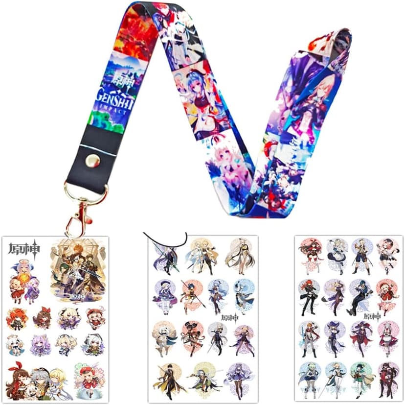 Genshin Impact merch Gift Sets - 1 Genshin Impact Drawstring Bag Backpack, 50 Cartoon Stickers, 1 Lanyard, 2 Keychains,2 Bracelets, 4 Button Pins,6 Stickers for Anime Genshin Impact Fans