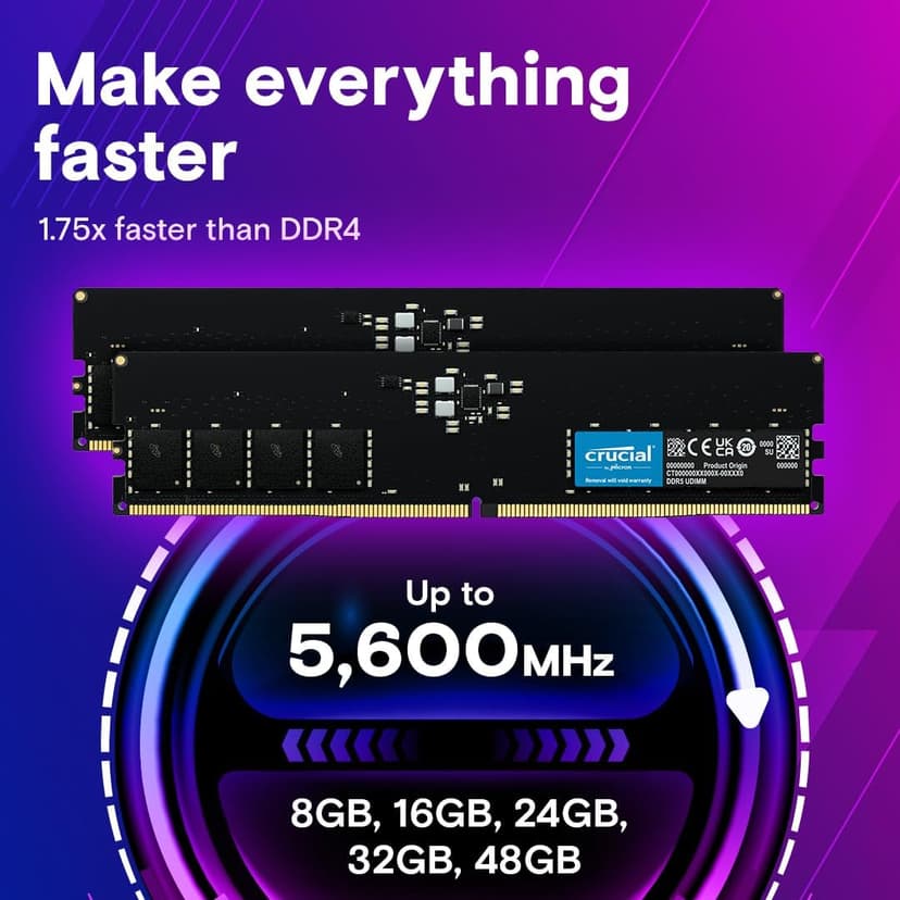 Crucial 64GB DDR5 RAM Kit (2x32GB), 4800MHz CL40 Desktop Memory, UDIMM 288-Pin, Compatible with 13th Gen Intel Core and AMD Ryzen 7000 - CT2K32G48C40U5