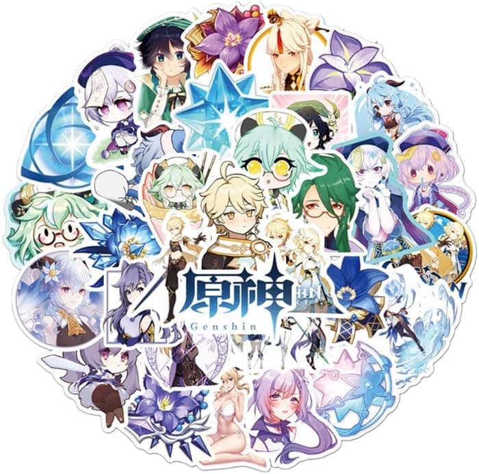 Genshin Impact merch Gift Sets - 1 Genshin Impact Drawstring Bag Backpack, 50 Cartoon Stickers, 1 Lanyard, 2 Keychains,2 Bracelets, 4 Button Pins,6 Stickers for Anime Genshin Impact Fans