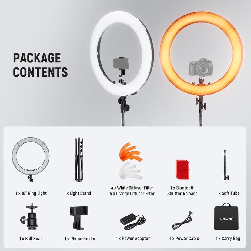 NEEWER Ring Light 18inch Kit: 55W 5600K Professional LED with Stand and Phone Holder, Soft Tube & Bag for Tattoo Lash Extension Barber Makeup Artist Studio Video Photography Lighting, RL-18