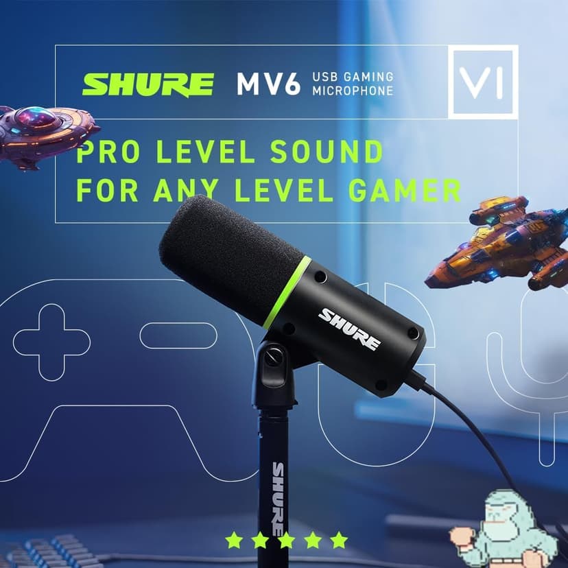 Shure MV6 Gaming Microphone, Dynamic USB PC Mic for Video Games & Streaming - Desktop Stand, Background Noise Cancellation, Tap-to-Mute & 3.5mm Output for Real-Time Headphone Monitoring