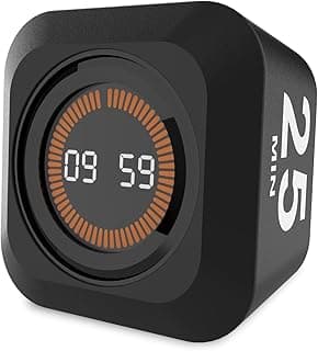 Rotating Cube Visual Timer 5, 25, 10, 50 Min Preset + Custom Countdown, Rechargeable Desk Productivity Flip Timer w/Silicone Case, Silent Mode, Ideal for ADHD Tool Study Work Kitchen School (Black)