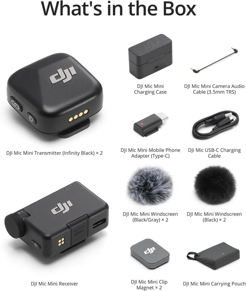 DJI Mic Mini (2 TX + 1 RX + Charging Case), Wireless Lavalier Microphone for iPhone/Camera/Android, Ultralight, Detail-Rich Audio, 48h Use, Noise Cancelling, Automatic Limiting, Vlog, Streaming