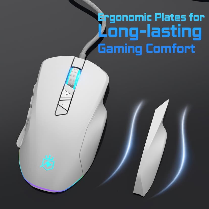 Wired Gaming Mouse with Side Plates, MMO Mouse with 14 Programmable Buttons, Ergonomic Gaming Mouse with 2 Grip Plates, Computer Mouse with Max 12,400 DPI, RGB Lighting, White