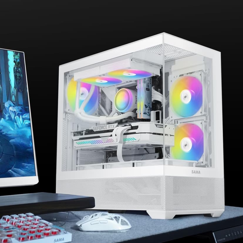 SAMA V40 Mid Tower ATX Case – 6 × 120mm ARGB PWM Fans Pre-Installed, Dual Tempered Glass Panels, Vertical Airflow, Dual-Chamber Design, USB 3.1 Type-C, 7 Slots, Supports ATX/MATX/ITX GPUs, White