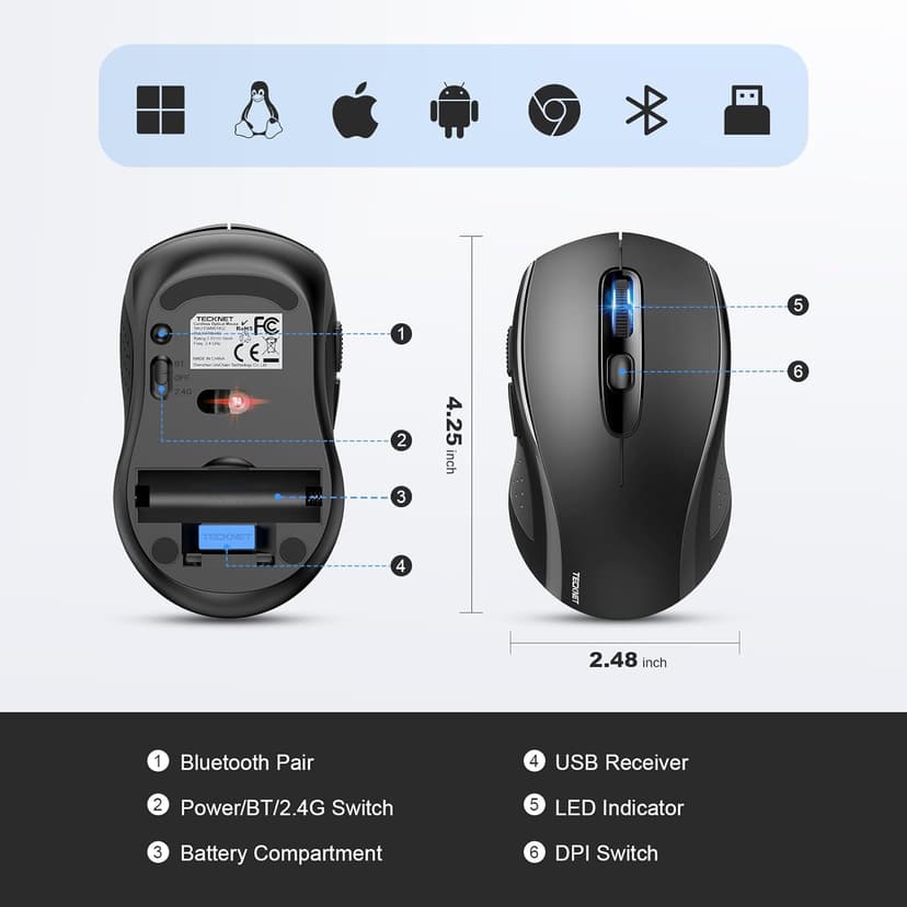 TECKNET Bluetooth Mouse, 4000DPI Wireless Mouse for Laptop 2-in-1(BT 5.0/3.0+2.4Ghz) Computer Portable PC Mice Wireless with USB Receiver for Mac (USB-A+Bluetooth, Black)
