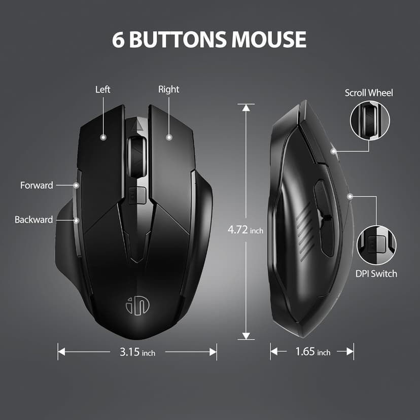 INPHIC Wireless Mouse Rechargeable, 700mAh, with USB Receiver, 6 Buttons, Ergonomic for Laptop, Computer, Mac, PC etc.