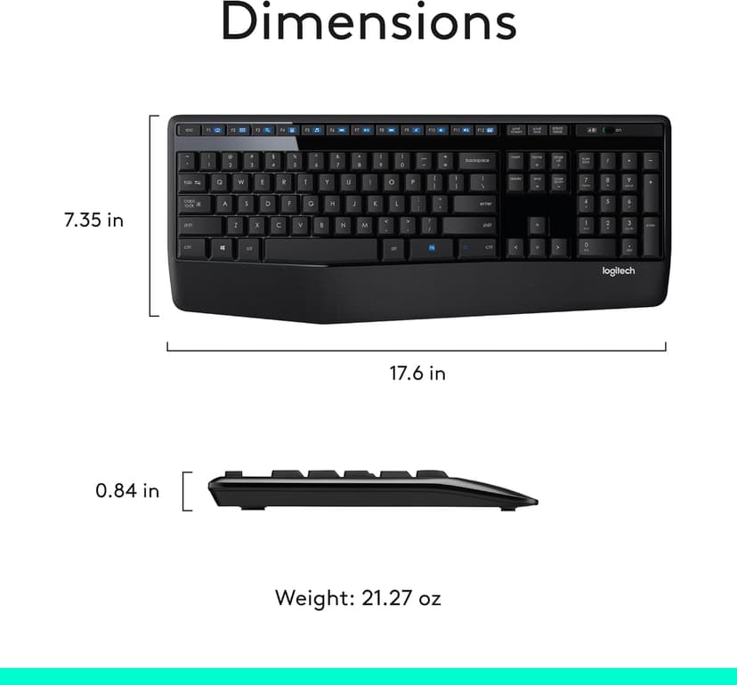 Logitech MK345 Wireless Keyboard and Mouse Combo with Palm Rest, 2.4 GHz USB Receiver, Compatible with PC, Laptop, Black