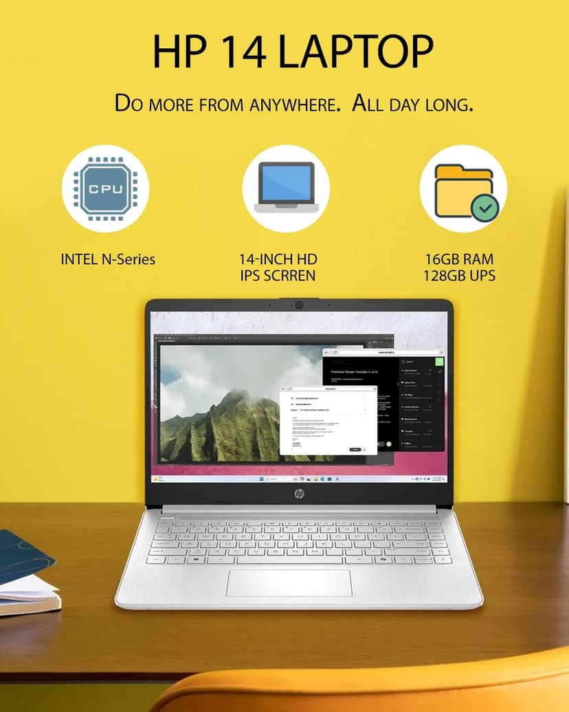 HP Student Business Laptop Computer - w/Microsoft Office Lifetime & External DVD Drive • 16GB RAM • 128GB UFS & 256GB Extend Micro SD • Intel 4-Core Processor • HD Display • Win11 Pro(Silver)
