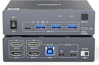 Dual Monitor KVM Switch for Laptop & Desktop 4K@60Hz, USB C and HDMI KVM Switch 2 Monitors 2 Computers with 4 USB 3.0 Port for Keyboard Mouse, 80W PD Charging, with Wired Remote and USB C Cable