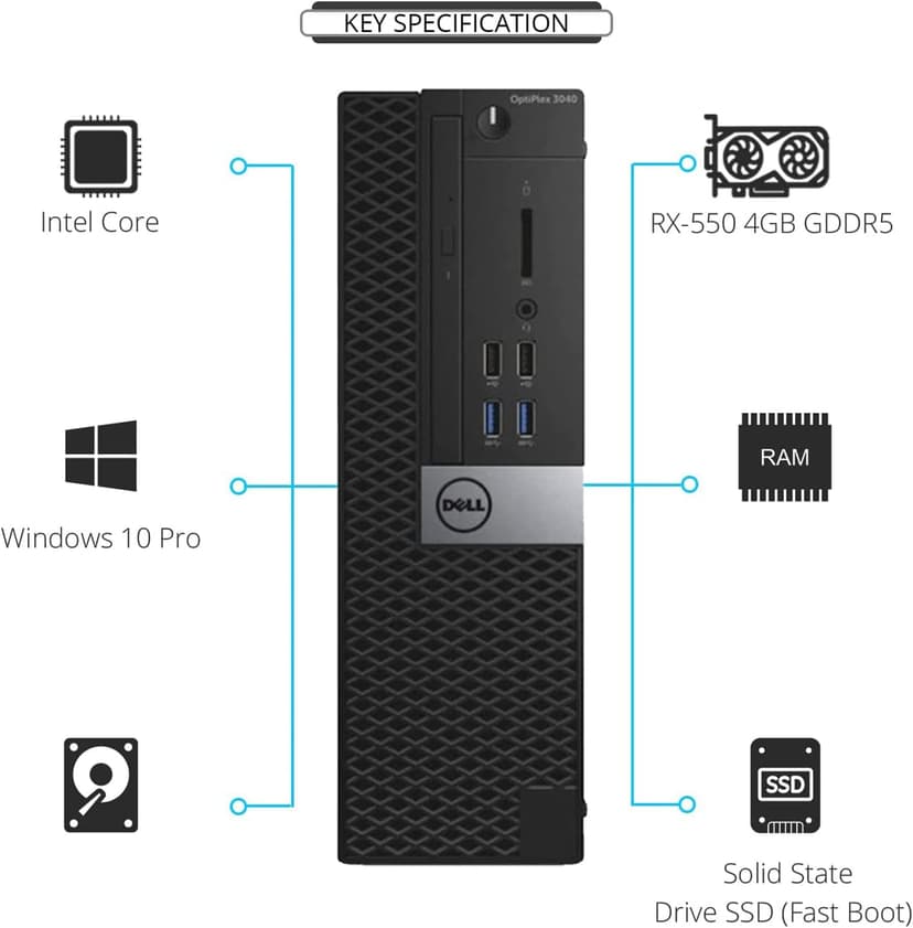 Dell Video Editing CAD OptiPlex 3040 Desktop Computer PC, Intel Core i5-6500, 3.2 GHz Processor, 16GB RAM, 480GB SSD (Fast Boot) + 2TB HDD, Graphics RX-550 4GB DDR5, WiFi, Windows 11 Pro (Renewed)
