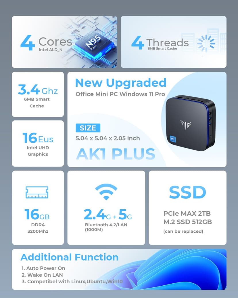 KAMRUI AK1PLUS Mini PC Computer, 12th Alder Lake- N95 up to 3.4 GH, 16GB RAM 512GB M.2 SSD, Mini Desktop Computer, Support 2.5" SSD (up to 2TB), WiFi, BT, 4K, HTPC for Business, Home, Office