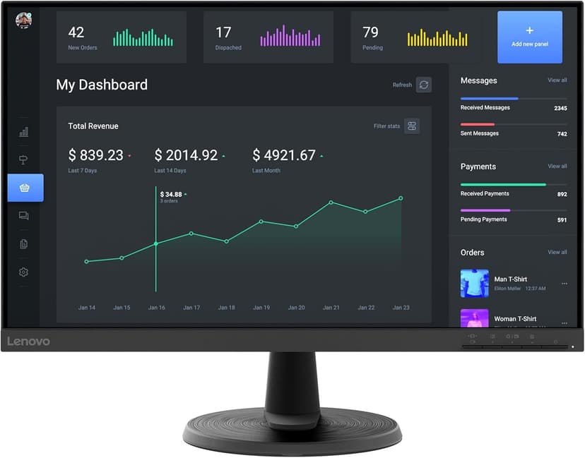 Lenovo D24-40 Monitor, 23.8" FHD Display, Tilt Stand, HDMI and VGA Ports, 75Hz Refresh Rate, AMD FreeSync, 250 nits, Raven Black