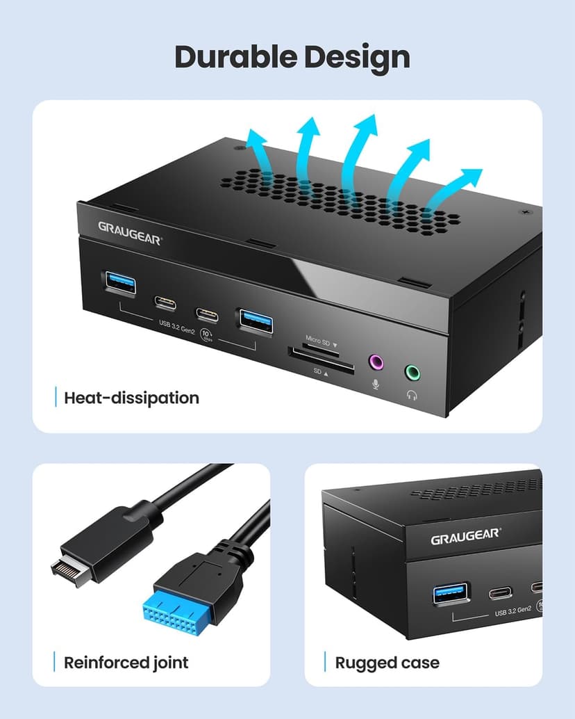 GRAUGEAR 5.25 Inch 10Gbps USB 3.2 PC Front Panel Card Reader with Audio Ports, SD/microSD Internal Card Reader, USB3.2 Type-E Key-A 20-Pin Header & USB3.0 Header & 15-Pin SATA Power Connector Required