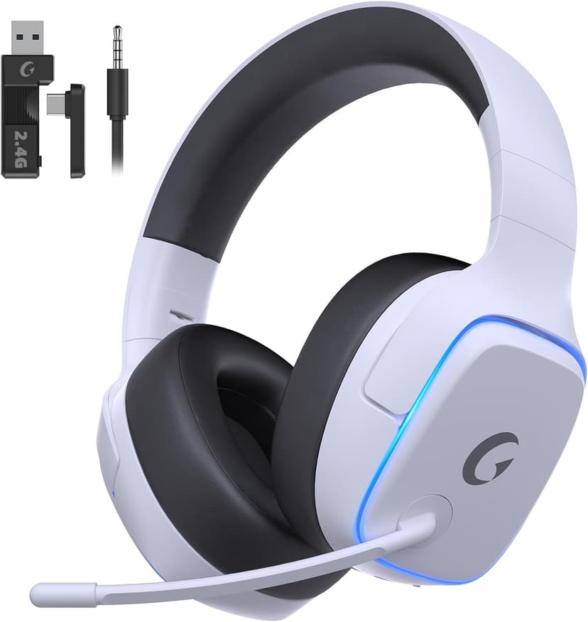 2.4GHz Wireless Gaming Headsets for PS5, PS4, PC, Switch - Bluetooth 5.3 Gaming Headphones with Noise Canceling Mic, 7.1 Surround Sound, 70H Battery, Blue Lighting - White
