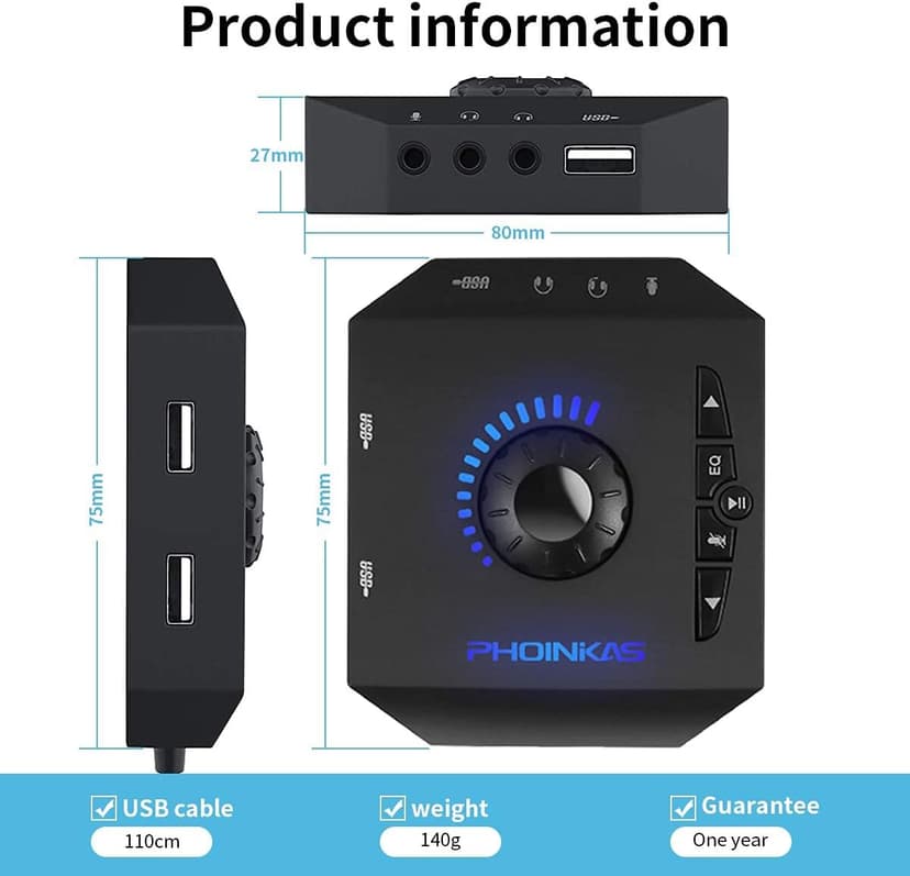 T10 External Sound Card, PHOINIKAS USB Audio Adapter for PC Windows, Mac, Linux, Laptops, Desktops, Stereo Sound Card with 3.5mm Interface & USB Interface, Volume Control, Plug & Play (6-in-1, Black)