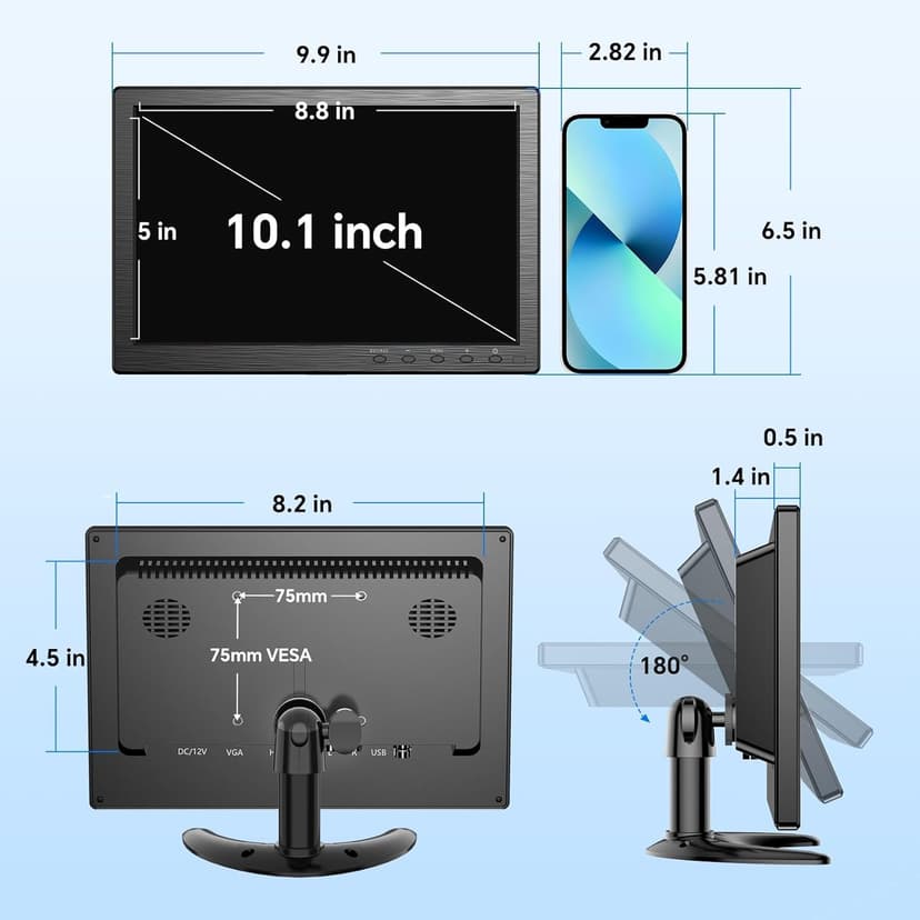 Eyoyo 10.1 inch Security Monitor 1366x768 Resolution, Small HDMI Monitor Supporting HDMI VGA AV BNC USB Input, Small Screen with Built-in Speakers for PC CCTV Camera NVR