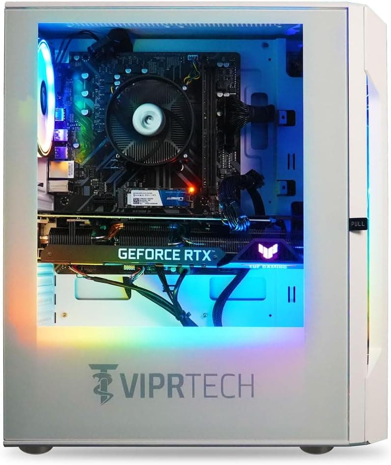 ViprTech Rebel 4.0 Gaming PC - AMD Ryzen 7 (4.1Ghz Turbo), RTX 4060 8GB, 32GB DDR4 3200, 1TB NVMe SSD, VR-Ready, Streaming, WiFi BT, RGB, Win 11 Pro, Prebuilt Desktop Computer White