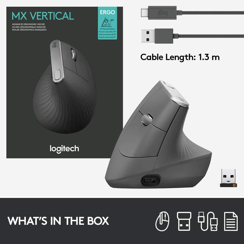 Logitech MX Vertical Wireless Mouse – Ergonomic Design Reduces Muscle Strain, Move Content Between 3 Windows and Apple Computers, Rechargeable, Graphite