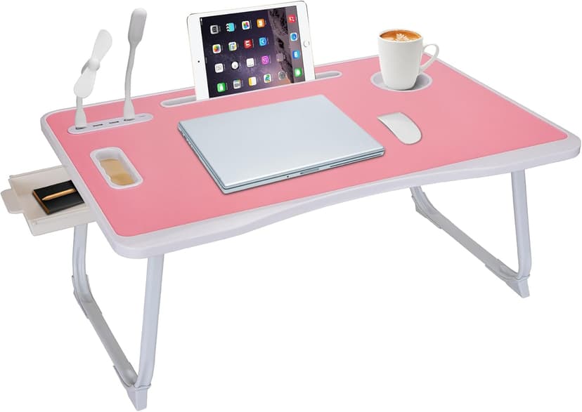 Laptop Bed Table, Laptop Desk for Bed, Foldable Laptop Bed Desk with USB Charge Port, Handle, Desktop Card Slot, Cup Slot, Side Drawer, Portable Laptop Table for Eating Reading Working