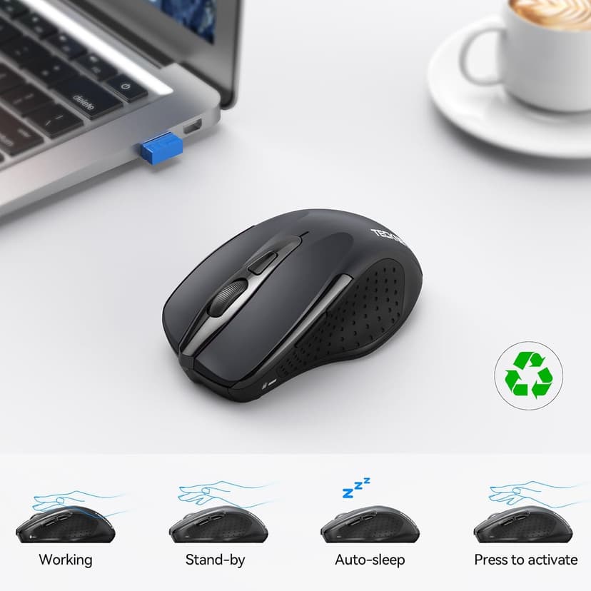 TECKNET Wireless Mouse (2.4G & BT5.0/3.0) Silent 4800 DPI Computer USB A & Bluetooth Mouse 6 Buttons, Wide Compatibility - Grey