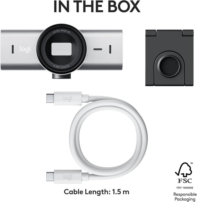 Logitech MX Brio, Multiple Resolutions, Dual Noise Reducing Mics, Show Mode, USB-C, Webcam Cover, Works with Microsoft Teams, Zoom, Google Meet - Pale Grey,