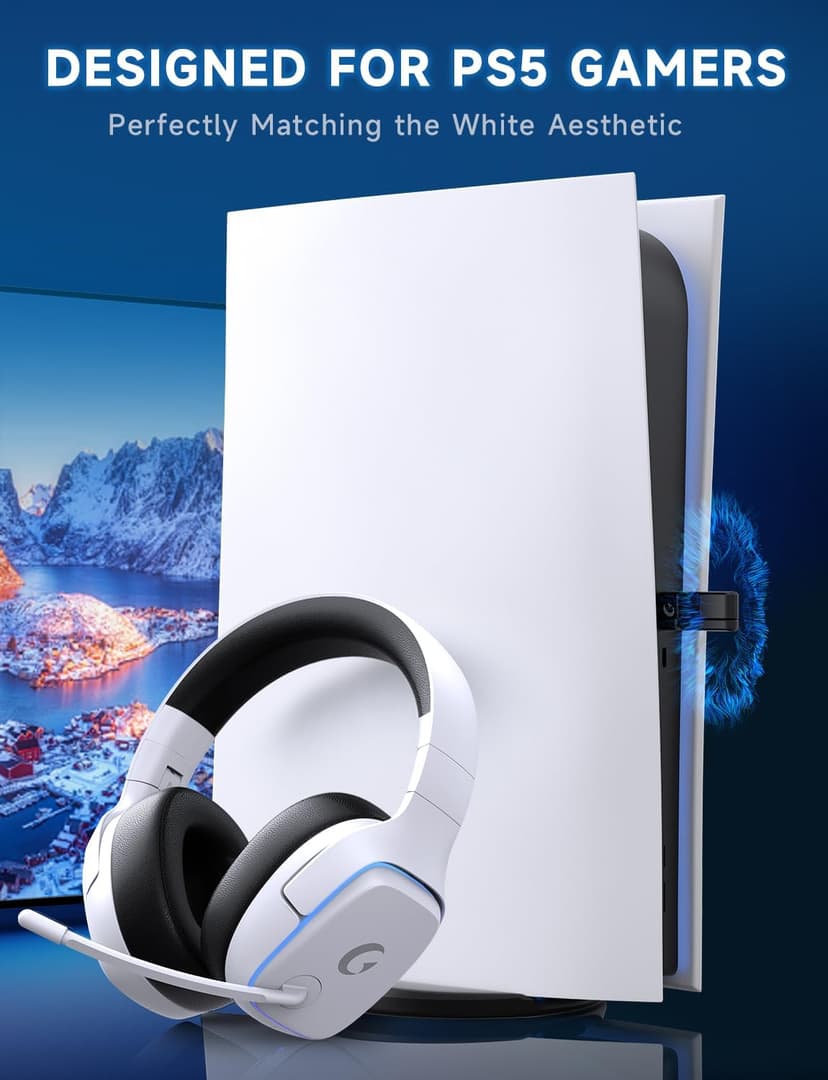 2.4GHz Wireless Gaming Headsets for PS5, PS4, PC, Switch - Bluetooth 5.3 Gaming Headphones with Noise Canceling Mic, 7.1 Surround Sound, 70H Battery, Blue Lighting - White