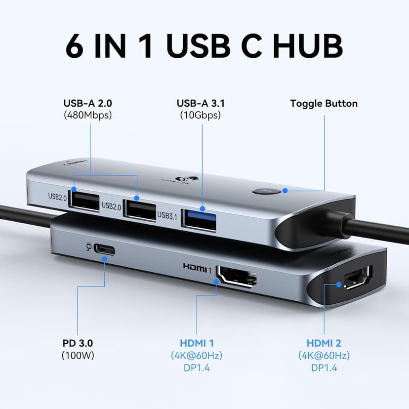 USB C Docking Station Dual Monitor, LIONWEI Laptop USBC Dock Multiport Adapter with 2 4K HDMI, 3 USB-A/3.0/2.0, 100W Power Delivery, 6-in-1 for MacBook/Surface/Lenovo/Dell/HP