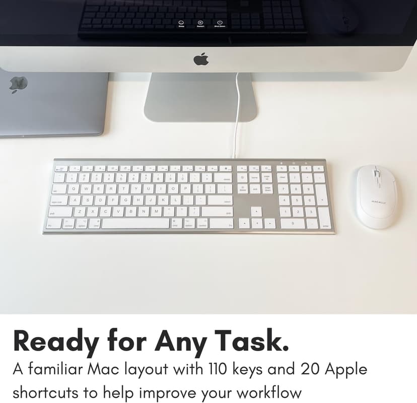 Macally Ultra Slim USB Wired Computer Keyboard - Compatible Apple Keyboard or Windows - Full Size with 20 Mac Keyboard Keys -with Numeric Keypad - Silver Aluminum Finish