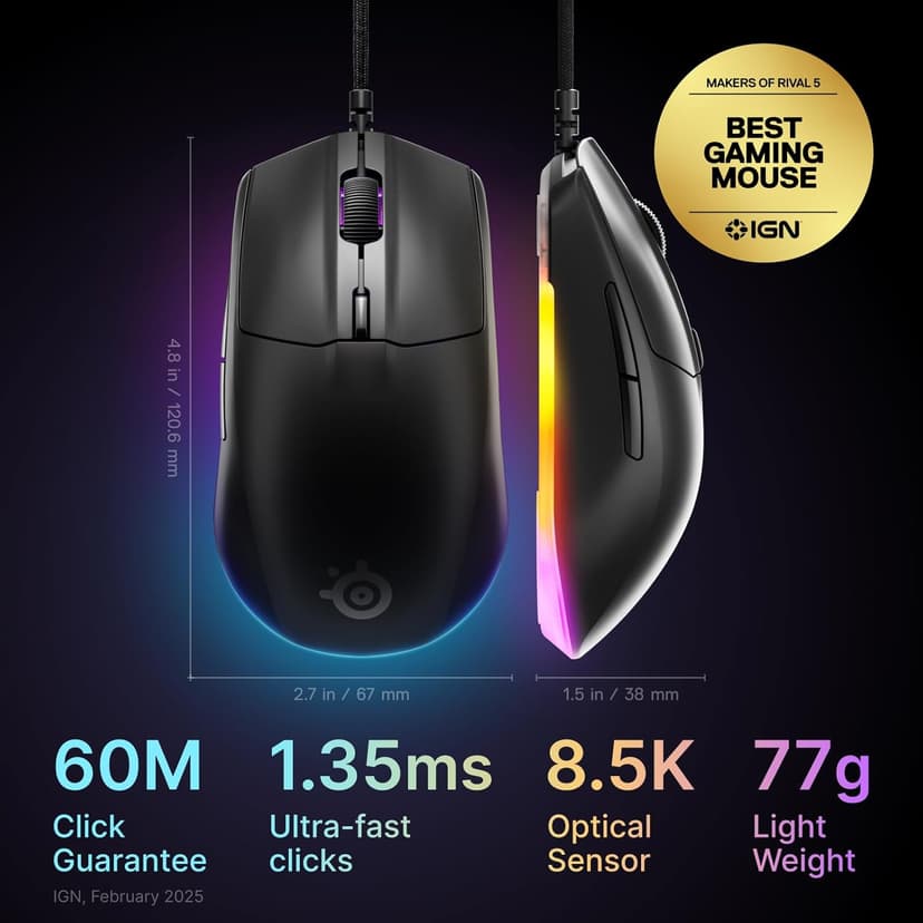SteelSeries Rival 3 Gen 2 Gaming Mouse — 8500 DPI TrueMove Core Optical Sensor — 60 Million Click Durability — Low Latency — 77g Lightweight — 100% PTFE Feet — RGB — Black
