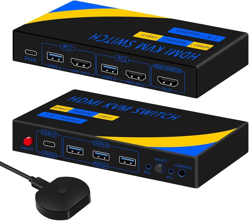 kvm Switch hdmi 8K@60HZ, 4* USB3.0(USB-A*3&USB-C) kvm Switch 1 Monitors 2 Computers,HDMI USB kvm Switches 2 Computers 1 Monitor,USB Switch 2 Computers Mouse Keyboard Switch,with Desktop Controller