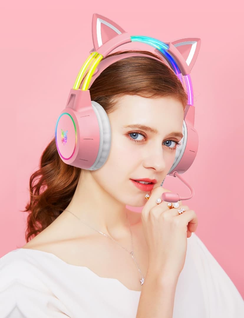 Lightweight Gaming Headset with Detachable Cat Ears, RGB Lighting, Wired Over Ear Headphones with Mic for PC, PS4, PS5, Xbox, Switch, Stereo Surround Sound, Self-Adjusting Headband