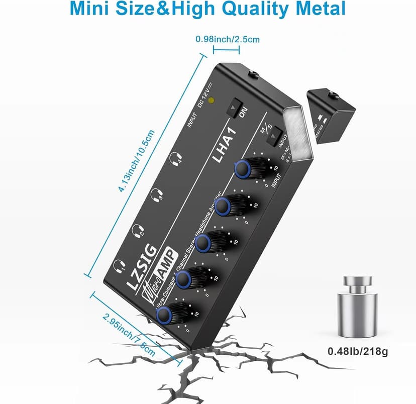 LZSIG Headphone Amplifier 4 Channel Metal Stereo Audio Amplifier, Mini Earphone Splitter with Power Adapter, 1/4" & 1/8" TRS Headphones Output and TRS Audio Input, DC 12V