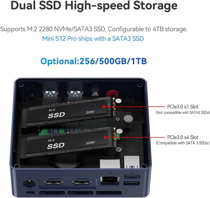 Beelink S12 Pro Mini PC, Intel 12th Gen Alder Lake- N100(up to 3.4GHz), 8GB DDR4 RAM 256GB M.2 SSD, Desktop Computer Support 4K Dual Display/USB3.2/WiFi 6/BT5.2/Gigabit Ethernet for Home/Office