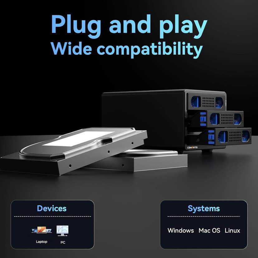 3 Bay Hard Drive Enclosure with Cooling Fan for 2.5“/3.5" SATA HDD/SSD with USB A/C 3.0, Support 60TB, Hot Swappable, Daisy Chain Expansion, Tool-Free HDD Enclosure, DAS(NO RAID/NAS)
