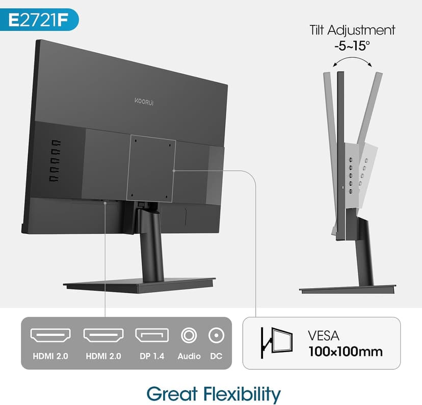 KOORUI 27 Inch QHD (2560x1440) IPS Ultra-Thin Computer Gaming Monitor, 100Hz Refresh Rate, DCI-P3 95%, FreeSync & G-Sync, 1ms MPRT, HDR10, VESA 100x100mm, Tilt Adjustable for Game and Work