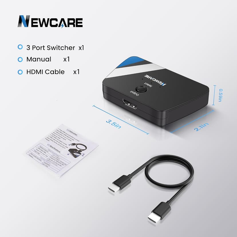 [Upgrade] HDMI Switch 3 in 1 Out, 4K@60Hz HDMI 2.0 Switch Splitter with 2.6FT Long HDMI Cable, 3-Port HDMI Switcher Selector, Supports 4K 30Hz 3D 1080P HDCP2.2 for PS5 Xbox DVD Player Fire Stick PC
