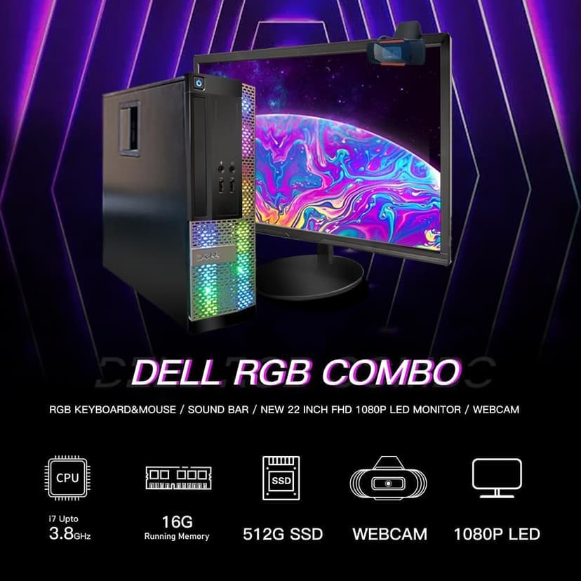 Dell OptiPlex RGB Desktop Computer PC, Intel Core i7 up to 3.8GHz, 16G RAM, 512G SSD, New 22 inch FHD LED Monitor, RGB Keyboard & Mouse, RGB BT Sound Bar, Webcam, WiFi, BT 5.0, W10P64 (Renewed)